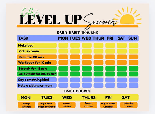 Level Up Summer — Habit/Chore Chart & I'm Bored Solutions (Citrus) 11x8.5in