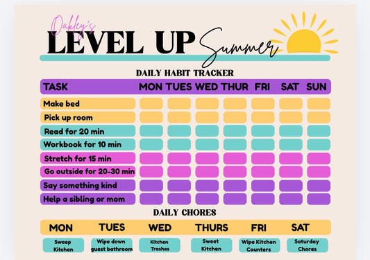 Level Up Summer — Habit/Chore Chart & I'm Bored Solutions (Berry) 14x11in